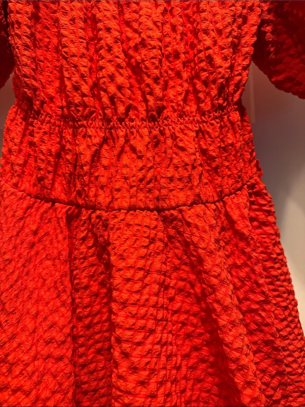 Crystal Doll Vibrant Red Textured Puff-Sleeve Mini Dress - Picture 7 of 8